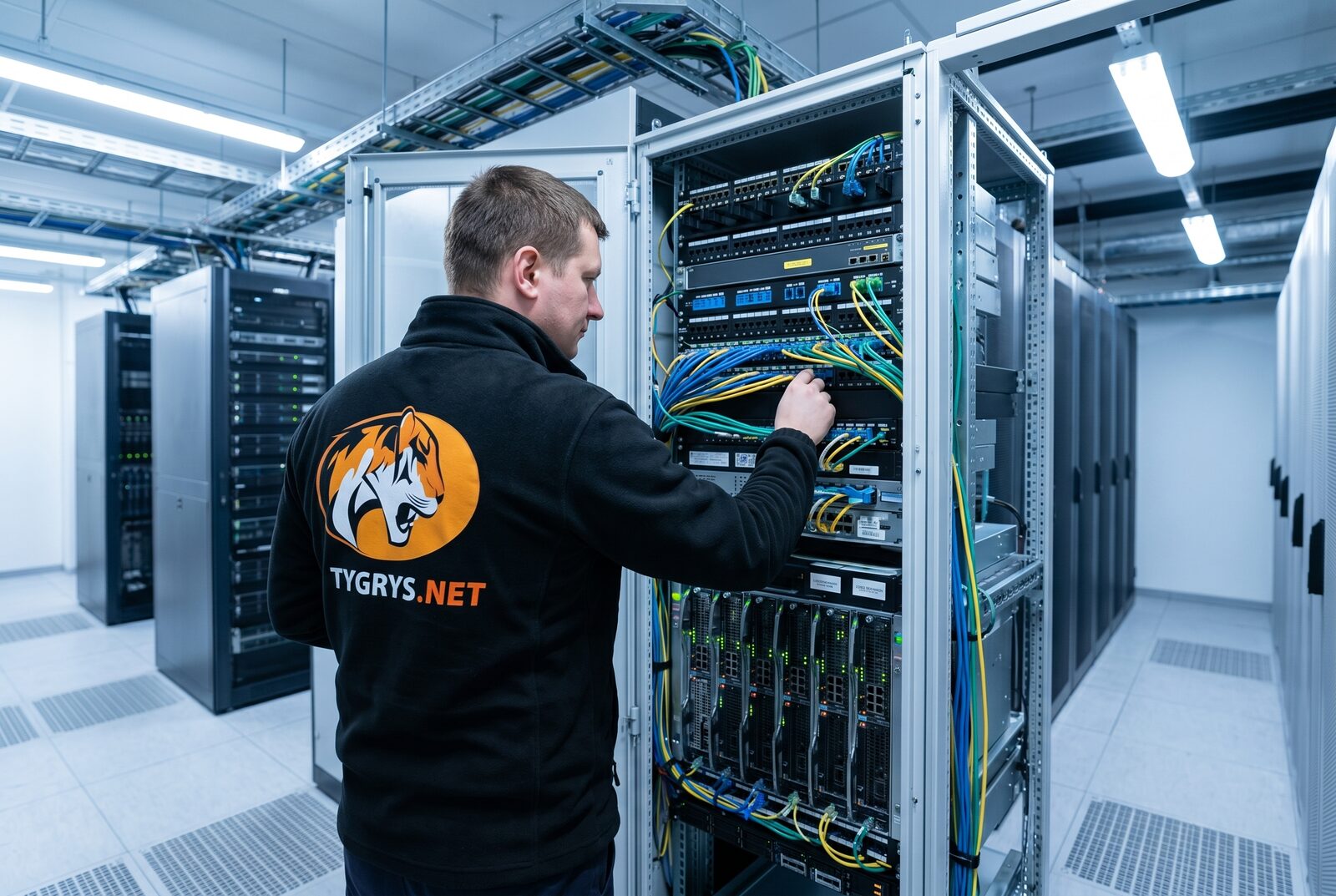 Technik TYGRYS.NET przy szafie serwerowej w Rumi