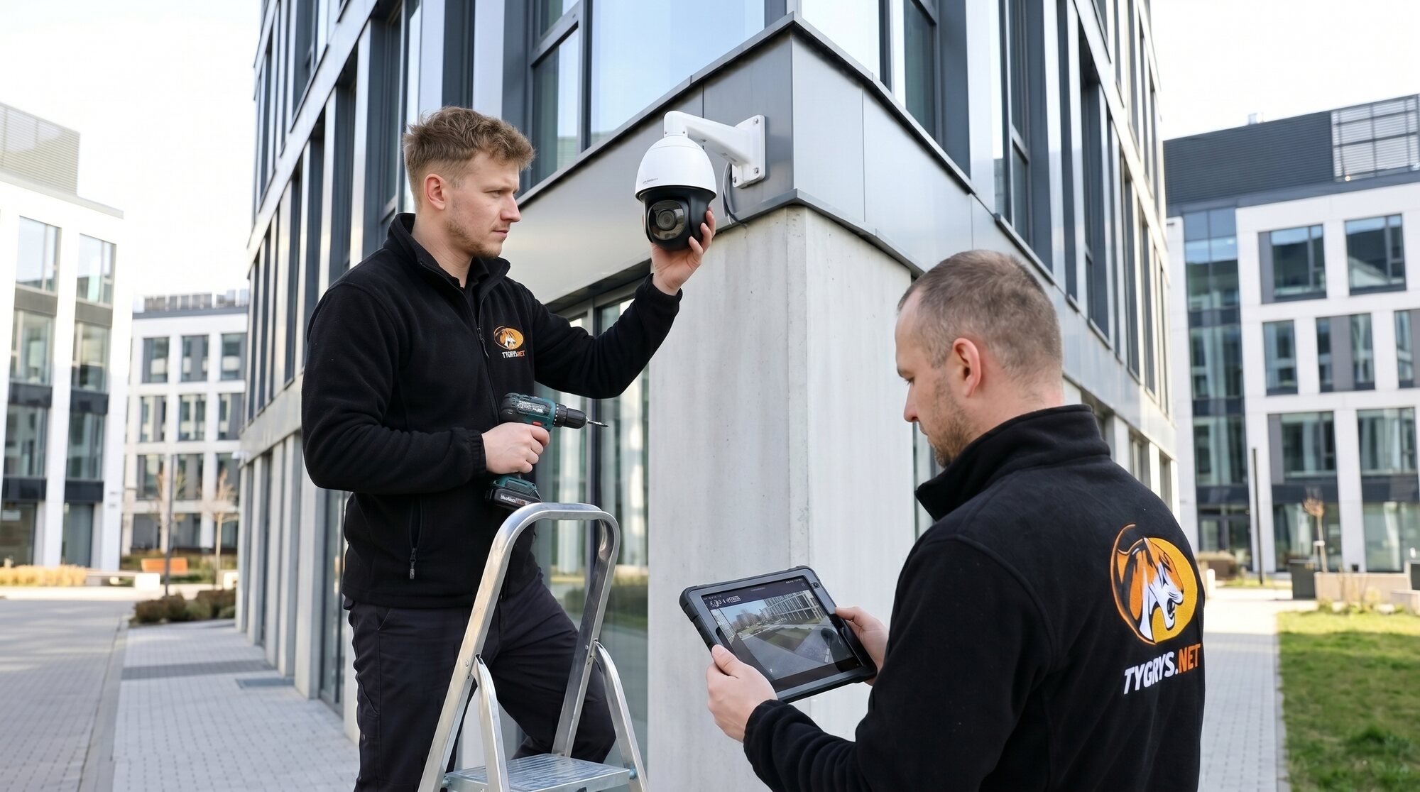 Technicy TYGRYS.NET montują kamerę monitoringu CCTV na budynku firmy