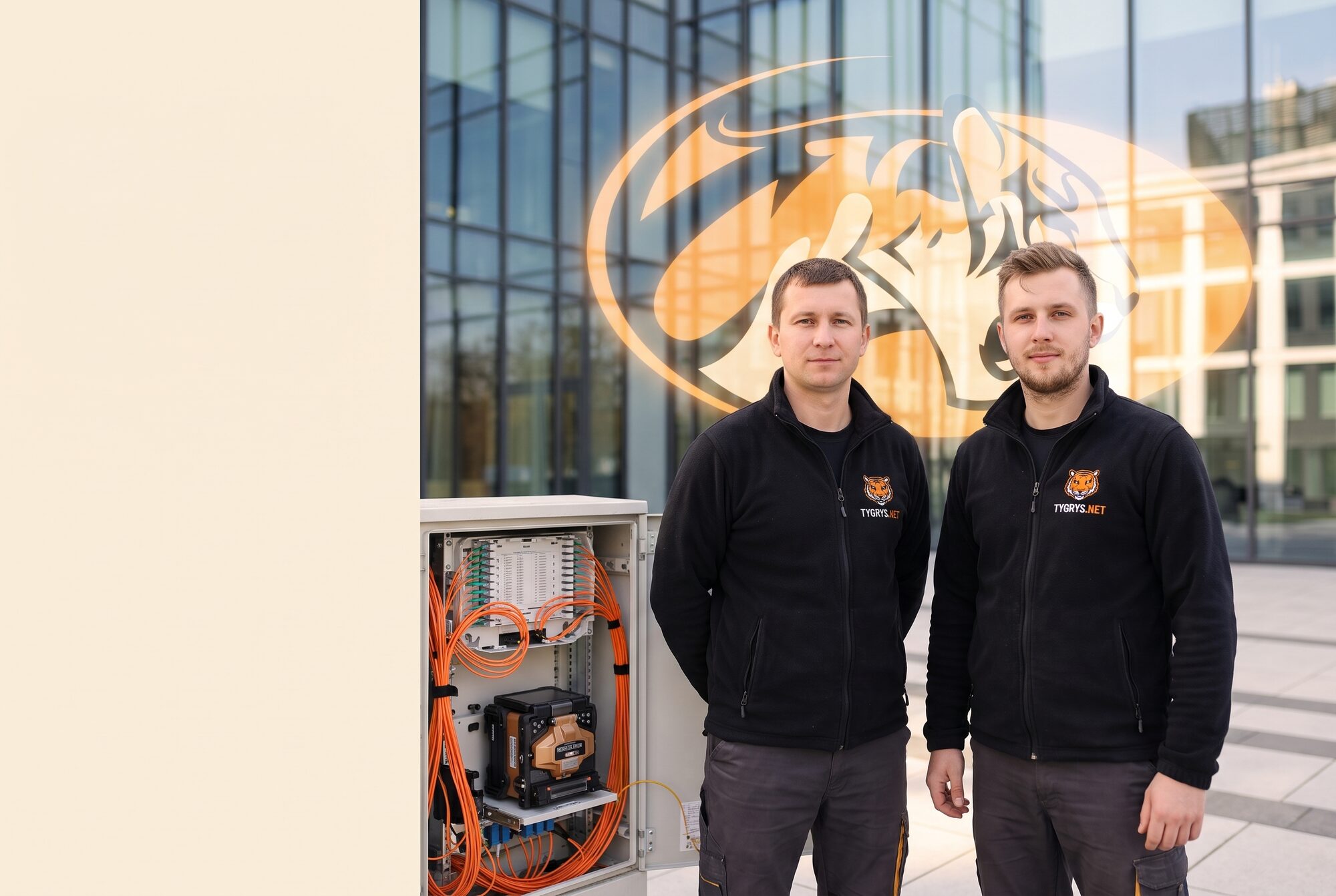 Technicy TYGRYS.NET z maskotką tygrysa przed biurem operatora